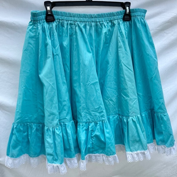 Cotton Teal Blue Lace Trim Tiered Flowy Midi Skirt - Picture 1 of 3